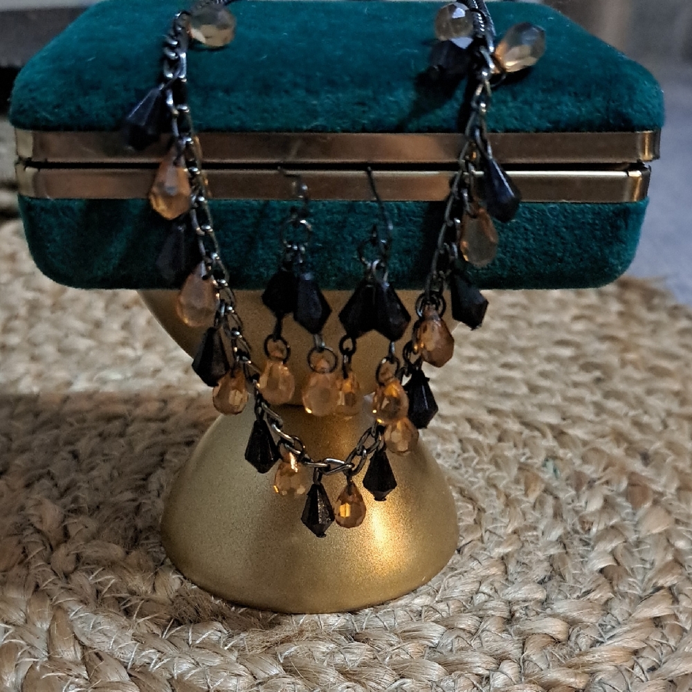Black and Amber Bead Necklace Set